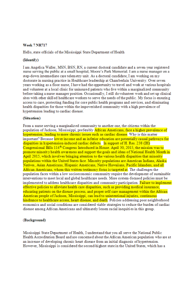 NR 717 Week 7 Discussion; Advocacy to Impact Population Health Through Oral Testimony