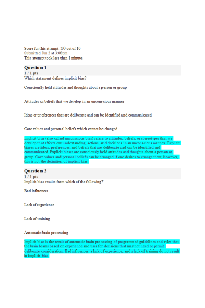 NR 703 Week 5 Assignment; Quiz Addressing Implicit Bias - A Primer for Healthcare Providers