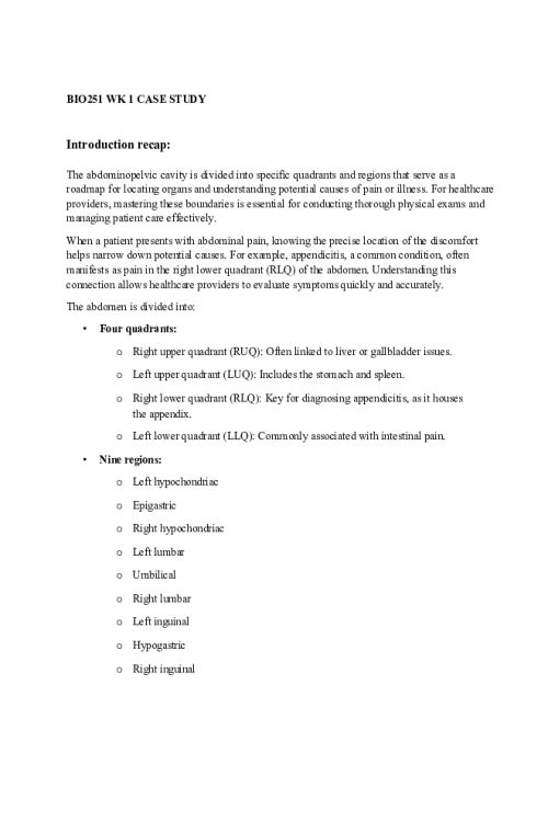 BIOS 251 Week 1 Case Study; Understanding Abdominopelvic Quadrants in Appendicitis
