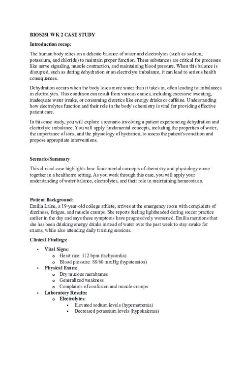 BIOS 251 Week 2 Case Study; Dehydration & Electrolyte Imbalance Analysis