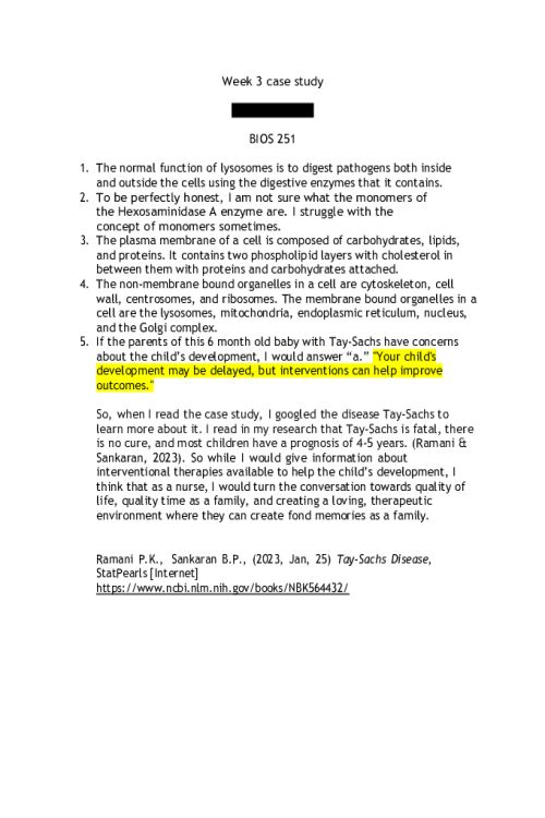 BIOS 251 Week 3 Case Study; Lysosomes and Development