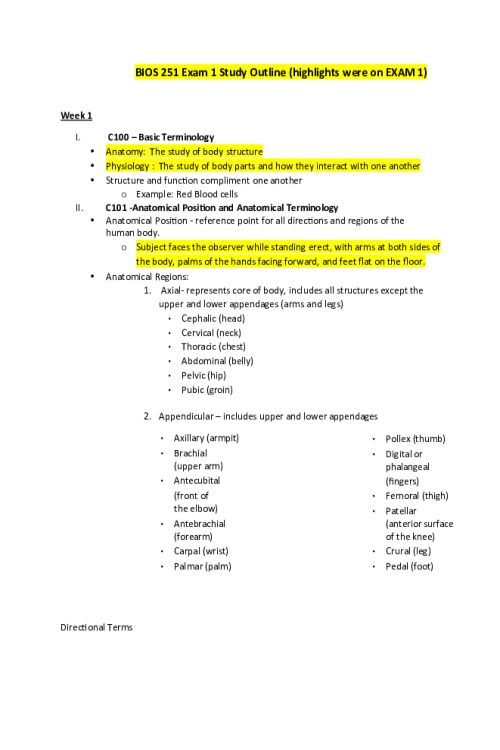 BIOS 251 Week 3 Exam 1 Study Outline