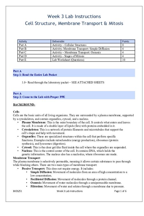BIOS 251 Week 3 Lab; Cell Structure, Membrane Transport & Mitosis Activities
