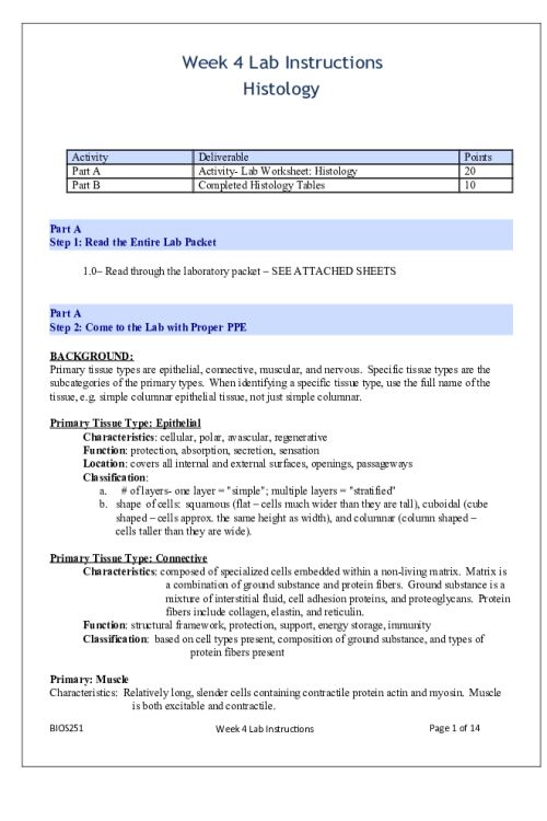BIOS 251 Week 4 Lab; Histology Activity Guide