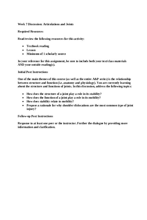 BIOS 251 Week 7 Virtual Discussion; Joints and Articulations