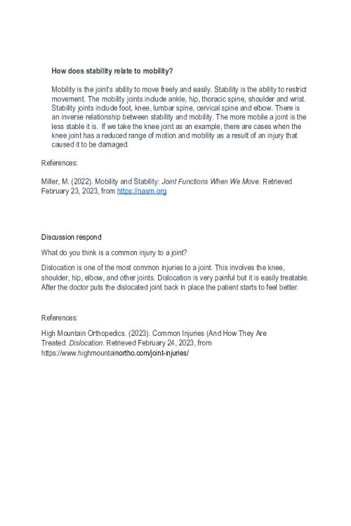 BIOS 251 Week 7 Virtual Discussion; Understanding Mobility and Stability in Joints