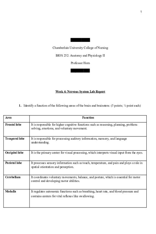 BIOS 252 Week 4 Online Lab; Nervous System-Brain, Cranial nerves, and ANS