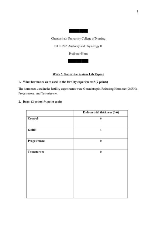 BIOS 252 Week 7 Online Lab; Endocrine System Lab