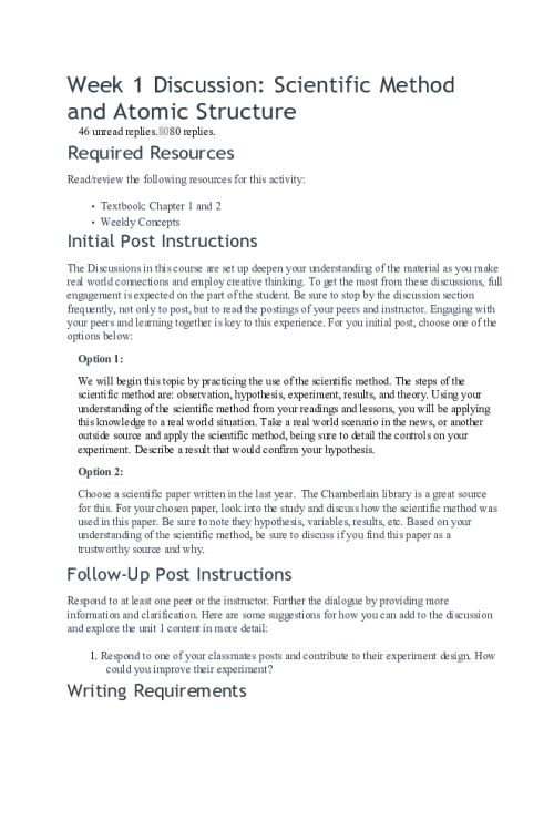 CHEM 120 Week 1 Discussion; Scientific Method and Atomic Structure