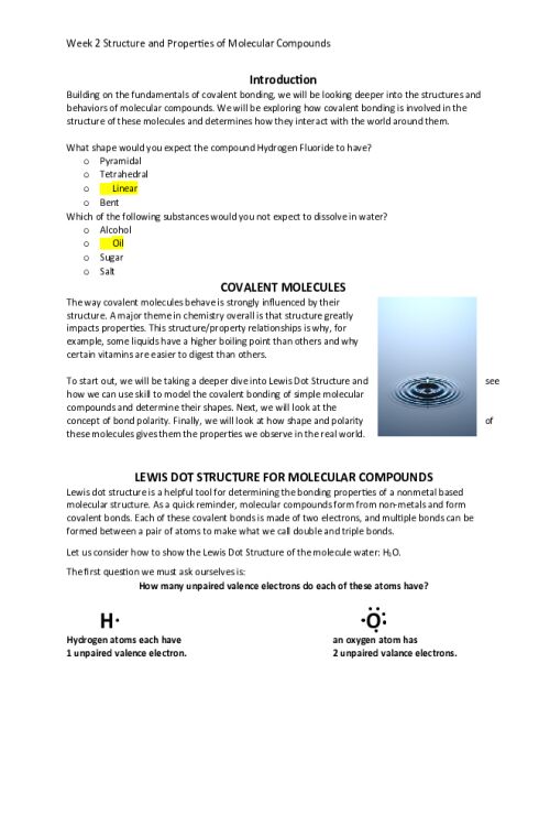 CHEM 120 Week 2 Concepts; Understanding the Structure and Naming of Molecules