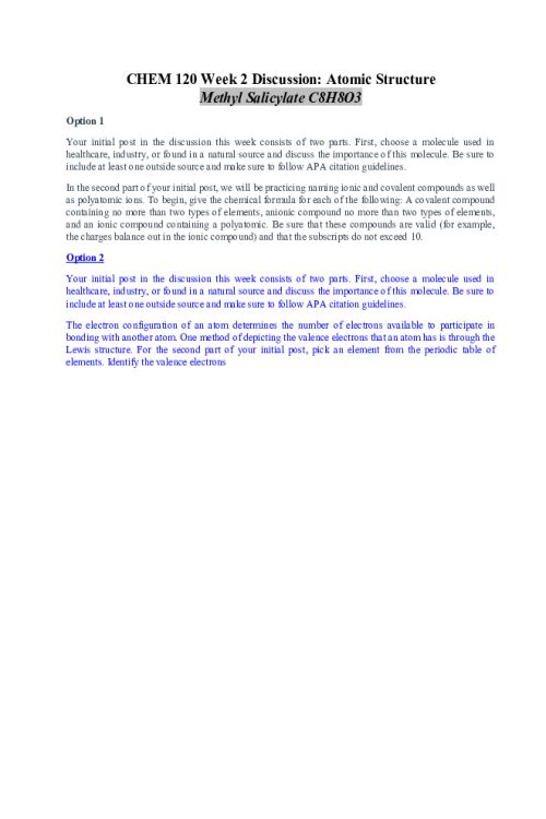 CHEM 120 Week 2 Discussion; Atomic Structure - Methyl Salicylate C8H8O3