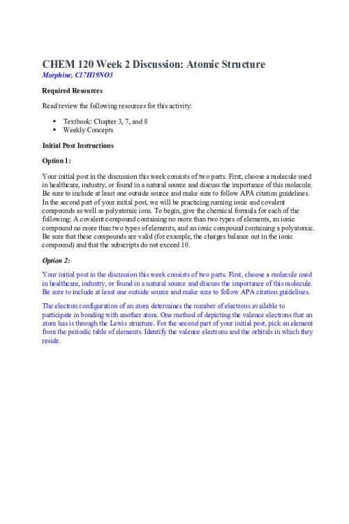 CHEM 120 Week 2 Discussion; Atomic Structure - Morphine, C17H19NO3