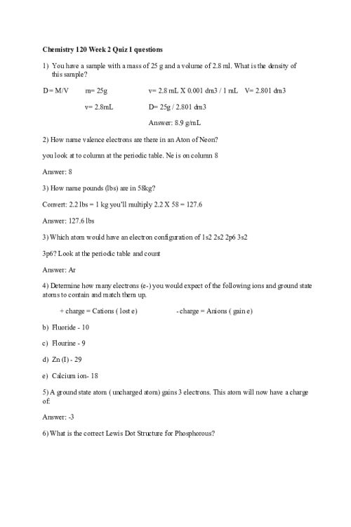 CHEM 120 Week 2 Review Quiz
