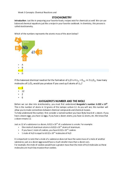 CHEM 120 Week 3 Concepts; Chemical Reactions and Calculations - STOICHIOMETRY