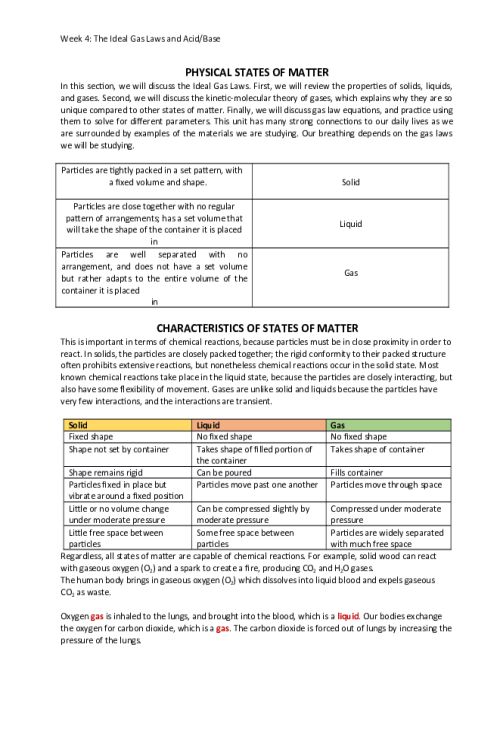 CHEM 120 Week 4 Concepts; The Ideal Gas Laws and Acid-Base Reactions
