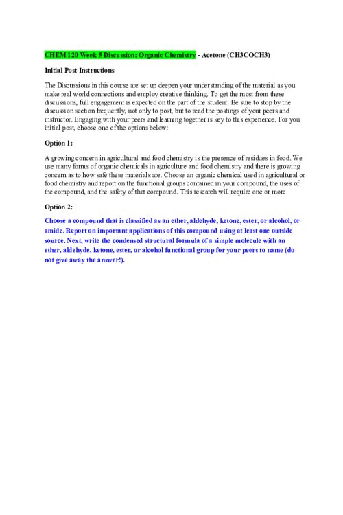 CHEM 120 Week 5 Discussion; Organic Chemistry - Acetone (CH3COCH3)