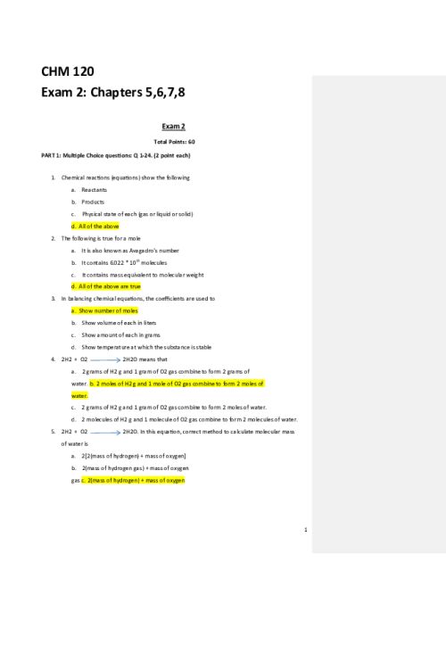CHEM 120 Week 5 Exam 2 (Units 3 and 4) Answer key