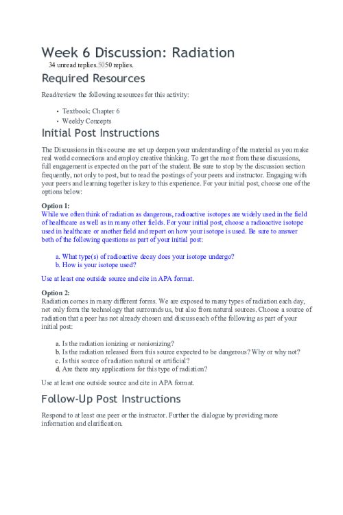 CHEM 120 Week 6 Discussion Option 1; Radiation; Radioactive Isotope; Cobalt-60