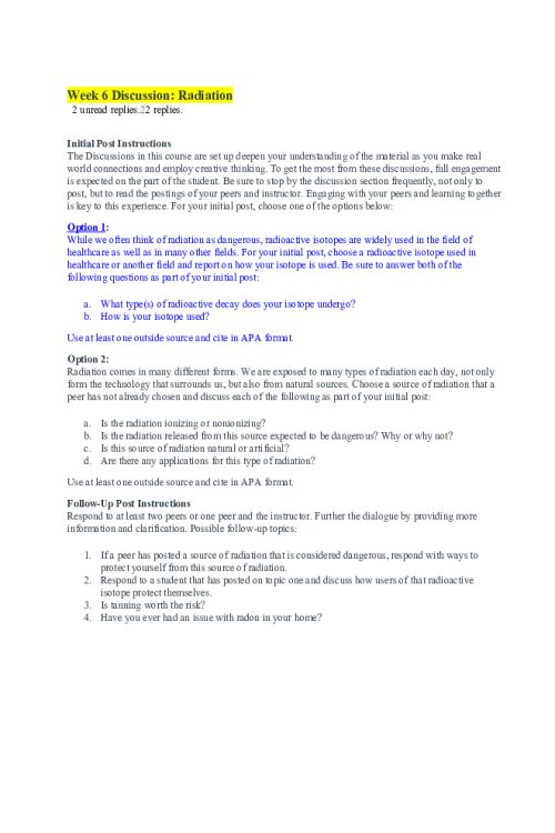 CHEM 120 Week 6 Discussion Option 1; Radiation; Radioisotope Tc-99m