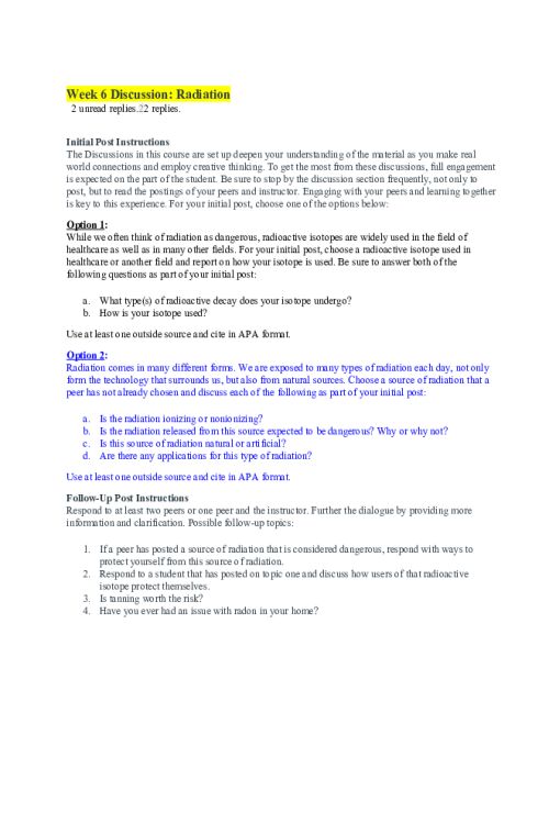 CHEM 120 Week 6 Discussion Option 2; Radiation - Topic of Uranium-238