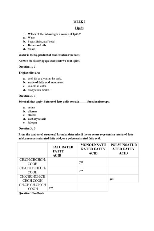 CHEM 120 Week 7 All Completed Concepts;  Lipids, Proteins, Enzymes, Nucleic Acids, Flow of Genetic Information