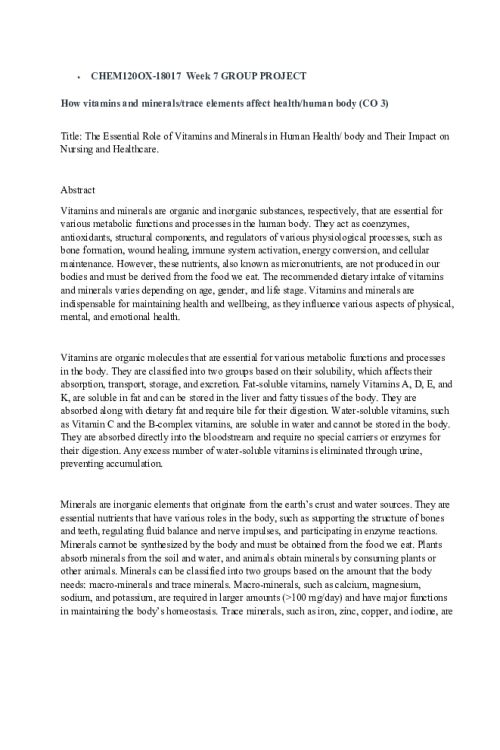 CHEM 120 Week 7 Assignment; Group Project; How vitamins, minerals trace elements affect health human body (CO 3)