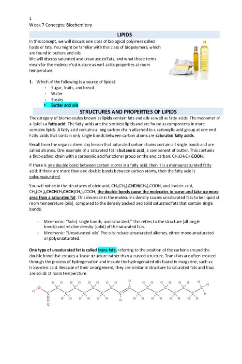 CHEM 120 Week 7 Concepts; Biochemistry