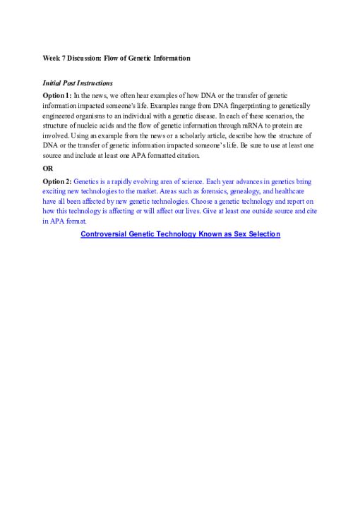 CHEM 120 Week 7 Discussion; Flow of Genetic Information - Controversial Genetic Technology