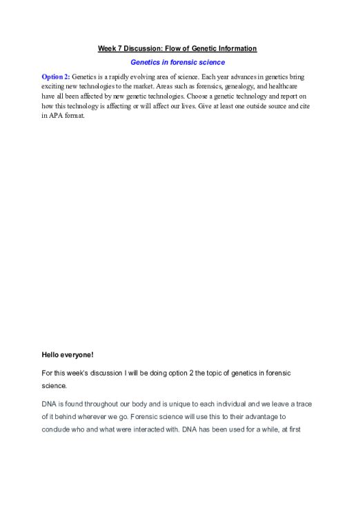 CHEM 120 Week 7 Discussion; Flow of Genetic Information - Genetics in Forensic Science