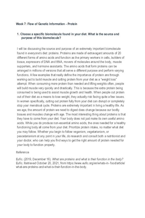 CHEM 120 Week 7 Discussion; Flow of Genetic Information - Protein