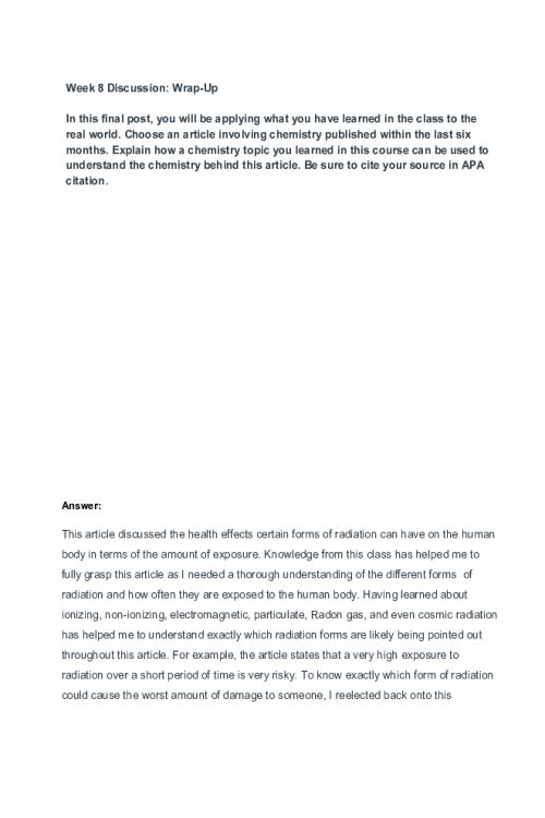 CHEM 120 Week 8 Discussion; Wrap-Up (Health effects of Radiation on the Human Body)