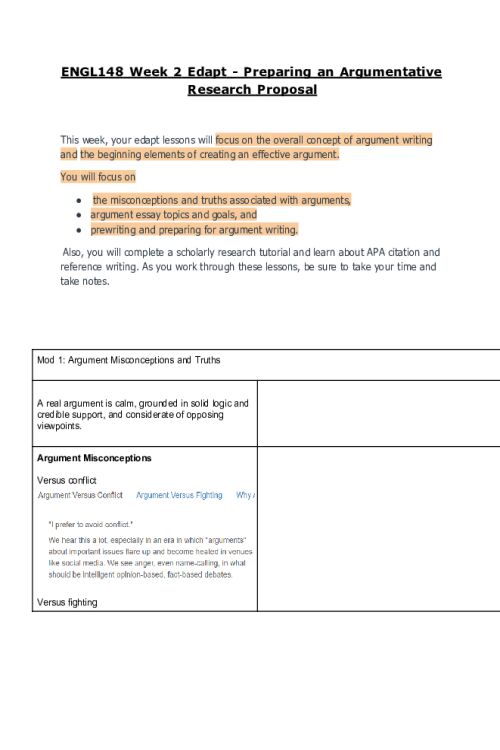 ENGL 148 Week 2 Edapt - Preparing an Argumentative Proposal