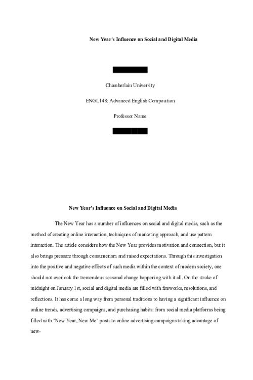 ENGL 148 Week 6 Argumentive  Essay; New Year s Influence on Social & Digital Media