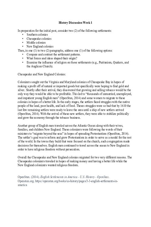 HIST 405 Week 1 Discussion; The Cost of Expansion - Chesapeake vs. New England Colonies