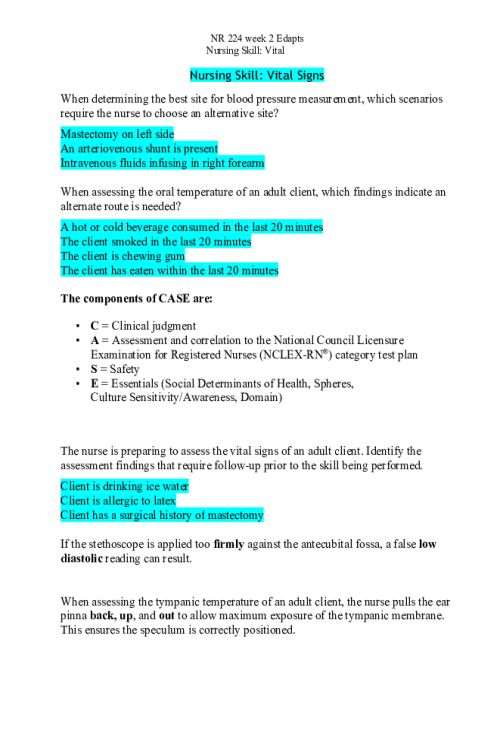 NR 224 Week 2 Core Assignment; Nursing Skill- Vital Signs