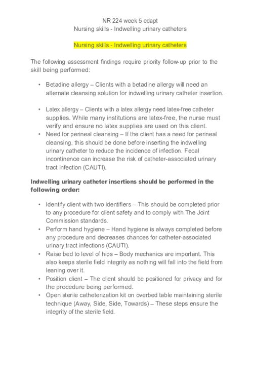 NR 224 Week 5 Core Assignment; Nursing Skill; Urinary Elimination
