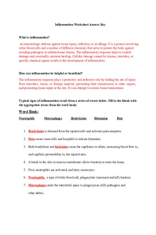 NR 283 Week 2 Worksheets; Inflammation