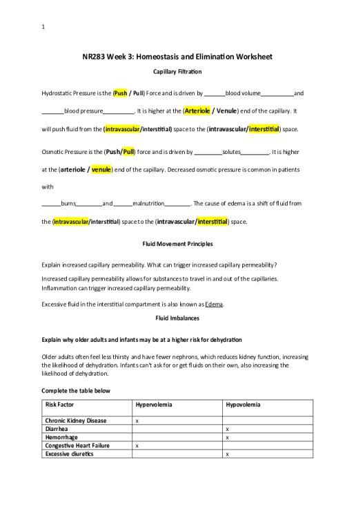 NR 283 Week 3 Homeostasis and Elimination Worksheet