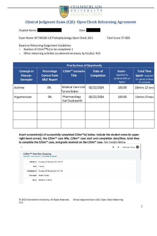 NR 283 Week 7 Pathophysiology Clinical Judgment Exam (CJE) Open Check