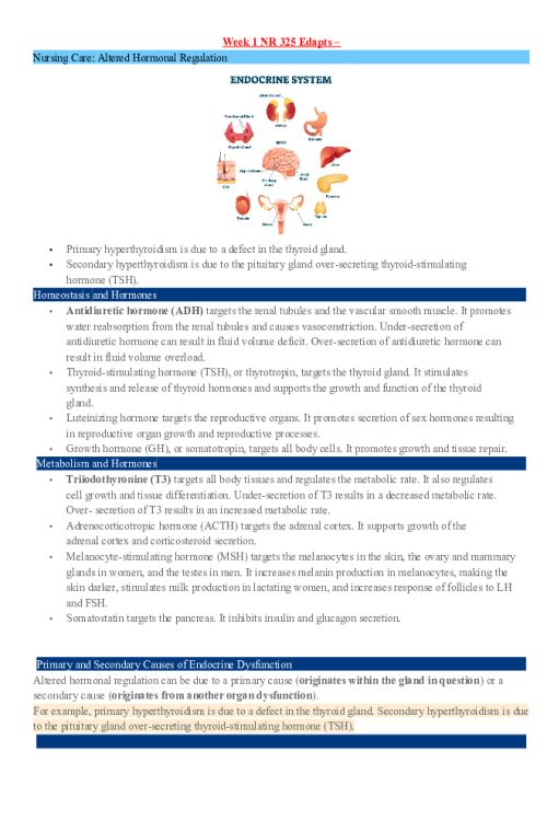 NR 325 Week 1 Edapts; Altered Hormonal Regulation & Altered Glucose Regulation.