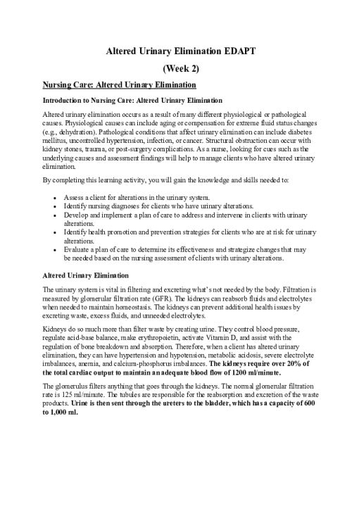 NR 325 Week 2 Edapt; Altered Urinary Elimination.