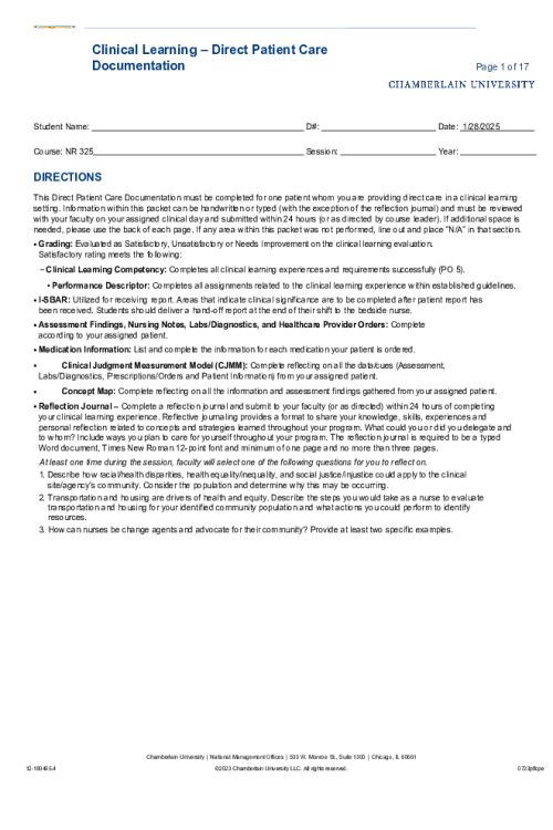 NR 325 Week 4 Level 3 Clinical Learning - Direct Patient Care Documentation