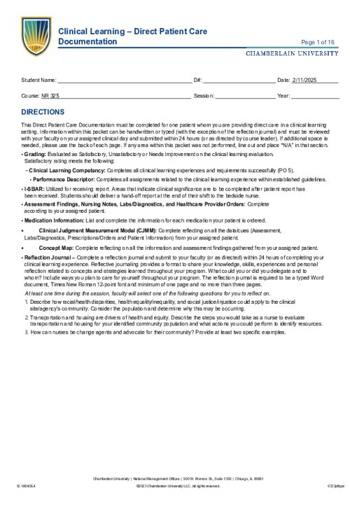 NR 325 Week 5 Level 3 Clinical Learning - Direct Patient Care Documentation