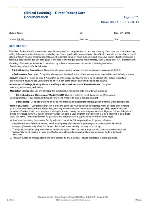 NR 325 Week 6 Level 3 Clinical Learning - Direct Patient Care Documentation