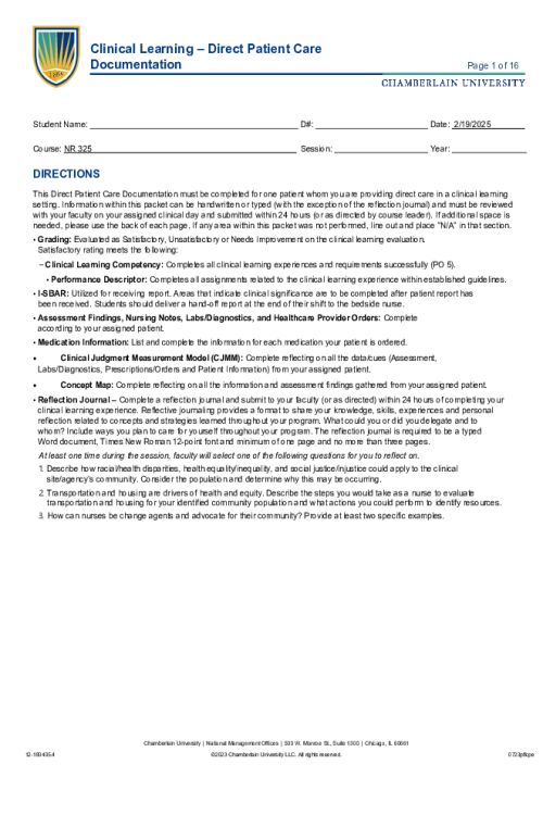 NR 325 Week 7 Level 3 Clinical Learning - Direct Patient Care Documentation