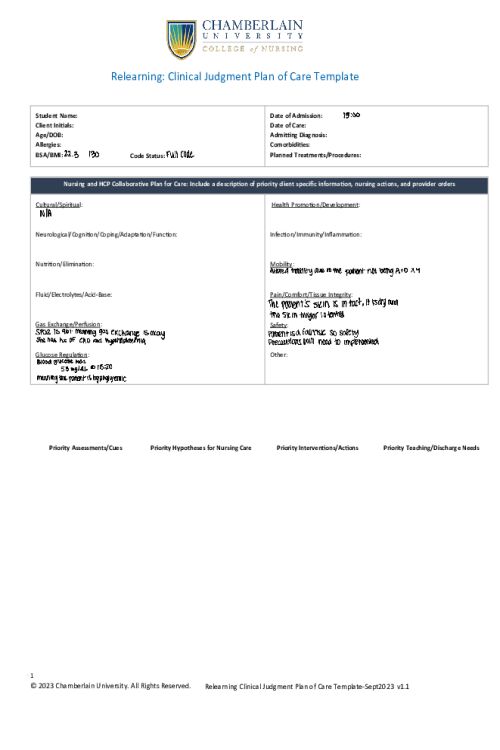 NR 325 Week 8 Clinical Judgment Exam (CJE) Relearning Assignment-Medical Surgical I.