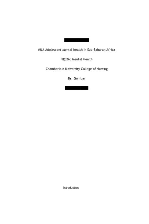 NR 326 Week 3 Assignment; RUA; Scholarly Article Review - Adolescent Mental health in Sub-Saharan Africa