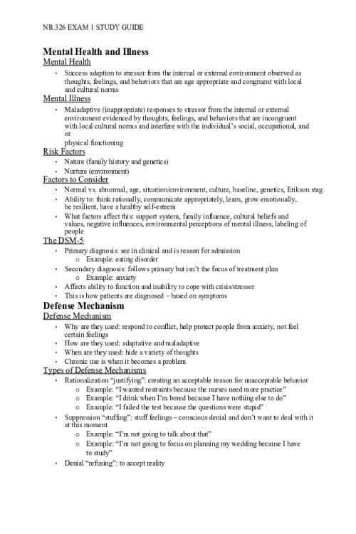 NR 326 Week 4 Exam 1 Study Guide; Understanding Mental Health & Illness Concepts