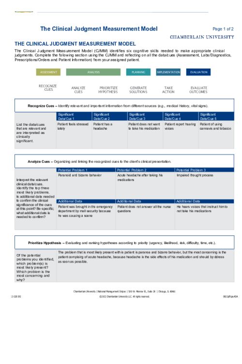 NR 326 Week 6 Clinical Judgment Measurement Model worksheet