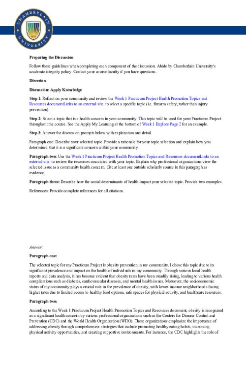 NR 436 Week 1 Discussion; Obesity Prevention in My Community